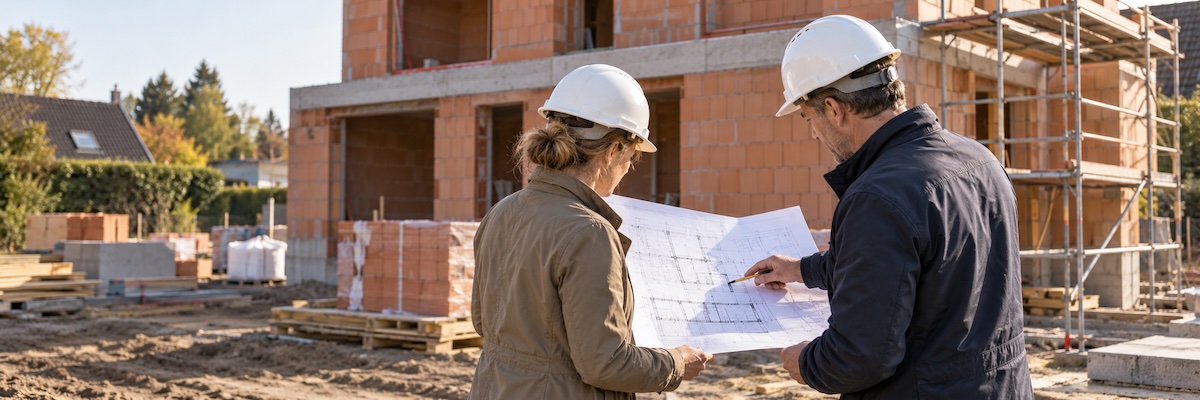 Architect bekijkt de planning op de werf